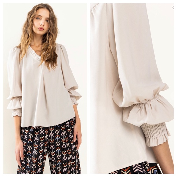 38 Boho Solid Woven Ruffle Smocking Long Sleeve Top - Picture 5 of 7